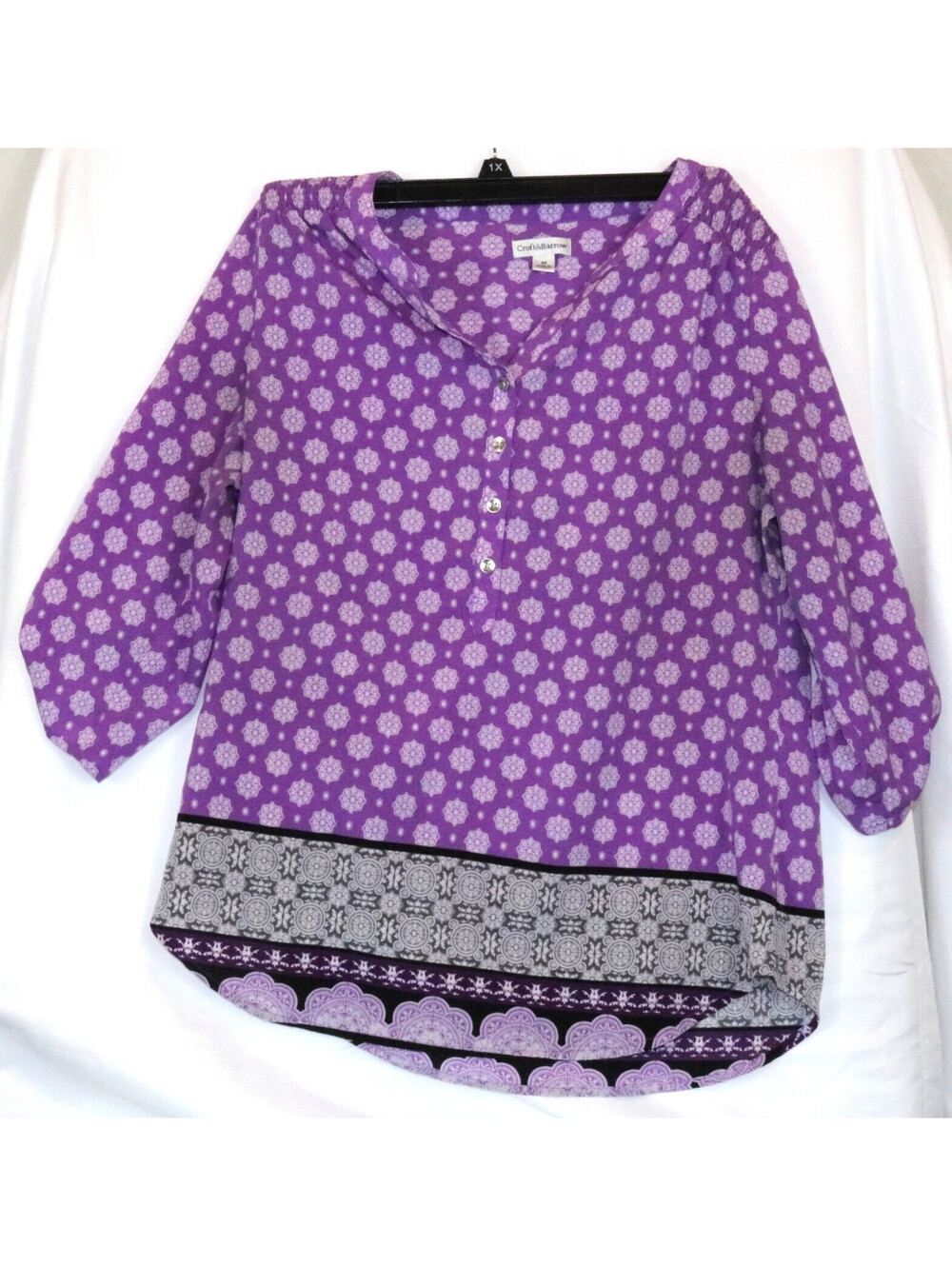 Croft & Barrow Womens Blouse Size M Purple Geometric Medallion Henley Top